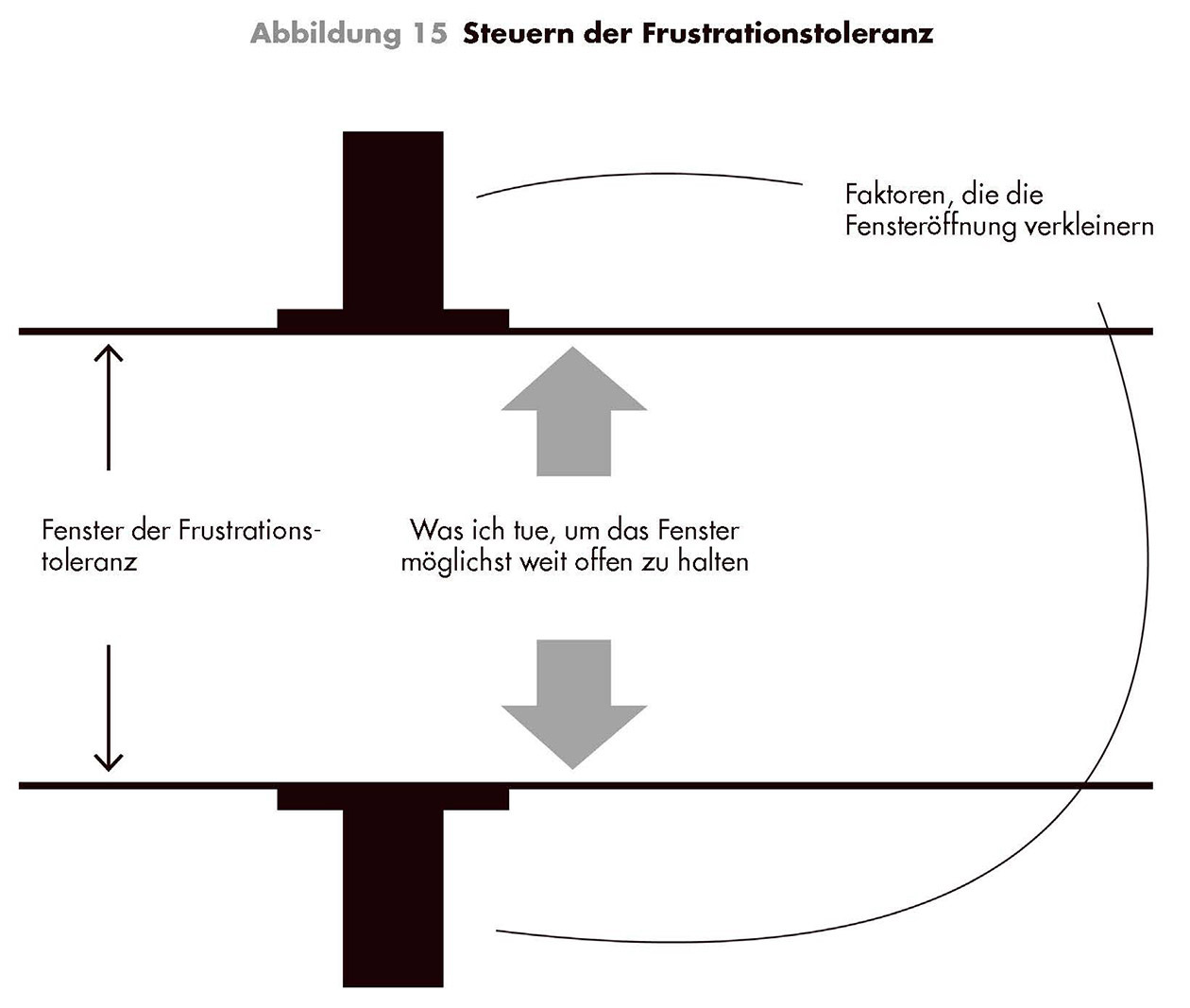 Die hier dargestellte »Fensteröffnung« oder Lücke illustriert, wie ich mir meine täglichen Bemühungen vorstelle, um meine Frustrationstoleranz zu wahren und zu stärken. Ich versuche, alles dafür zu tun, um das Fenster so weit wie möglich off en zu halten.