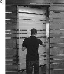 FIGURE 1.2. Problem Doors: Signifiers Are Needed. Door hardware can signal whether to push or pull without signs, but the hardware of the two doors in the upper photo, A, are identical even though one should be pushed, the other pulled. The flat, ribbed horizontal bar has the obvious perceived affordance of pushing, but as the signs indicate, the door on the left is to be pulled, the one on the right is to be pushed. In the bottom pair of photos, B and C, there are no visible signifiers or affordances. How does one know which side to push? Trial and error. When external signifiers—signs— have to be added to something as simple as a door, it indicates bad design. (Photographs by the author.)