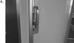 FIGURE 1.3. Sliding Doors: Seldom Done Well. Sliding doors are seldom signified properly. The top two photographs show the sliding door to the toilet on an Amtrak train in the United States. The handle clearly signifies “pull,” but in fact, it needs to be rotated and the door slid to the right. The owner of the store in Shanghai, China, Photo C, solved the problem with a sign. “DON’T PUSH!” it says, in both English and Chinese. Amtrak’s toilet door could have used a similar kind of sign. (Photographs by the author.)