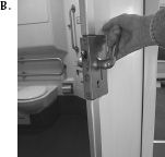 FIGURE 1.3. Sliding Doors: Seldom Done Well. Sliding doors are seldom signified properly. The top two photographs show the sliding door to the toilet on an Amtrak train in the United States. The handle clearly signifies “pull,” but in fact, it needs to be rotated and the door slid to the right. The owner of the store in Shanghai, China, Photo C, solved the problem with a sign. “DON’T PUSH!” it says, in both English and Chinese. Amtrak’s toilet door could have used a similar kind of sign. (Photographs by the author.)