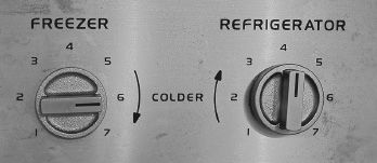 FIGURE 1.9. Refrigerator Controls. Two compartments— fresh food and freezer—and two controls (in the fresh food unit). Your task: Suppose the freezer is too cold, the fresh food section just right. How would you adjust the controls so as to make the freezer warmer and keep the fresh food the same? (Photograph by the author.)