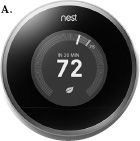 FIGURE 2.6. A Thermostat with an Explicit Conceptual Model. This thermostat, manufactured by Nest Labs, helps people form a good conceptual model of its operation. Photo A shows the thermostat. The background, blue, indicates that it is now cooling the home. The current temperature is 75°F (24°C) and the target temperature is 72°F (22°C), which it expects to reach in 20 minutes. Photo B shows its use of a smart phone to deliver a summary of its settings and the home’s energy use. Both A and B combine to help the home dweller develop conceptual models of the thermostat and the home’s energy consumption. (Photographs courtesy of Nest Labs, Inc.)
