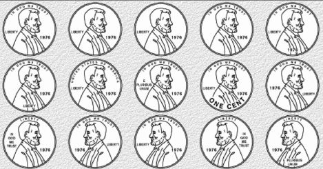 FIGURE 3.1. Which Is the US One-Cent Coin, the Penny? Fewer than half of the American college students who were given this set of drawings and asked to select the correct image could do so. Pretty bad performance, except that the students, of course, have no difficulty using the money. In normal life, we have to distinguish between the penny and other coins, not among several versions of one denomination. Although this is an old study using American coins, the results still hold true today using coins of any currency. (From Nickerson & Adams, 1979, Cognitive Psychology, 11 (3). Reproduced with permission of Academic Press via Copyright Clearance Center.)