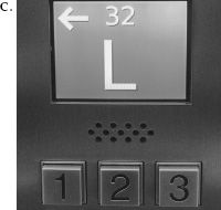 FIGURE 4.8. Destination-Control Elevators. In a destination-control system, the desired destination floor is entered into the control panel outside the elevators (A and B). After entering the destination floor into B, the display directs the traveler to the appropriate elevator, as shown in C, where “32” has been entered as the desired floor destination, and the person is directed to elevator “L” (the first elevator on the left, in A). There is no way to specify the floor from inside the elevator: Inside, the controls are only to open and shut the doors and an alarm (D). This is a much more efficient design, but confusing to people used to the more conventional system. (Photographs by the author.)