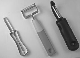 FIGURE 6.3. Three Vegetable Peelers. The traditional metal vegetable peeler is shown on the left: inexpensive, but uncomfortable. The OXO peeler that revolutionized the industry is shown on the right. The result of this revolution is shown in the middle, a peeler from the Swiss company Kuhn Rikon: colorful and comfortable.