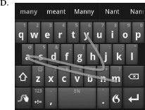 FIGURE 7.2. 100 Years of Telephones and Keyboards. Figures A and B show the change in the telephone from the Western Electric crank telephone of the 1910s, where rotating the crank on the right generated a signal alerting the operator, to the phone of the 2010s. They seem to have nothing in common. Figures C and D contrast a keyboard of the 1910s with one from the 2010s. The keyboards are still laid out in the same way, but the first requires physical depression of each key; the second, a quick tracing of a finger over the relevant letters (the image shows the word many being entered). Credits: A, B, and C: photographs by the author; objects in A and C courtesy of the Museum of American Heritage, Palo Alto, California. D shows the “Swype” keyboard from Nuance. Image being used courtesy of Nuance Communications, Inc.