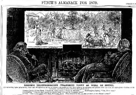FIGURE 7.3 Predicting the Future: The Videophone in 1879. The caption reads: “Edison’s Telephonoscope (transmits light as well as sound). (Every evening, before going to bed, Pater- and Materfamilias set up an electric camera-obscura over their bedroom mantel-piece, and gladden their eyes with the sight of their children at the Antipodes, and converse gaily with them through the wire.”) (Published in the December 9, 1878, issue of Punch magazine. From “Telephonoscope,” Wikipedia.)