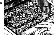 FIGURE 7.4. The 1872 Sholes Typewriter. Remington, the manufacturer of the first successful typewriter, also made sewing machines. Figure A shows the influence of the sewing machine upon the design with the use of a foot pedal for what eventually became the “return” key. A heavy weight hung from the frame advanced the carriage after each letter was struck, or when the large, rectangular plate under the typist’s left hand was depressed (this is the “space bar”). Pressing the foot pedal raised the weight. Figure B shows a blowup of the keyboard. Note that the second row shows a period (.) instead of R. From Scientific American’s “The Type Writer” (Anonymous, 1872).